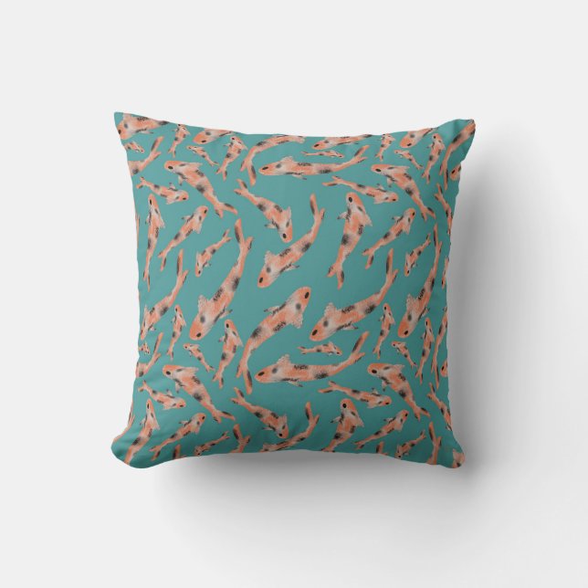 Coussin Aquarelle orange Koi poisson Motif Turquoise (Recto)