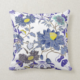 Coussin Aquarelle Oriental Floral Bleu Jaune