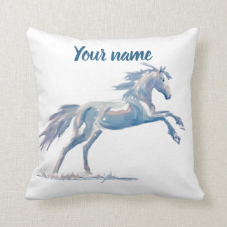 Coussin Aquarelle originale élevant le cheval bleu et rose