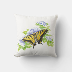 Coussin Aquarelle originale Papillon & hydrangée Fleur