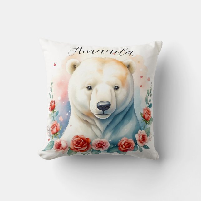 Coussin Aquarelle Ours Polaire Floral Blanc (Recto)