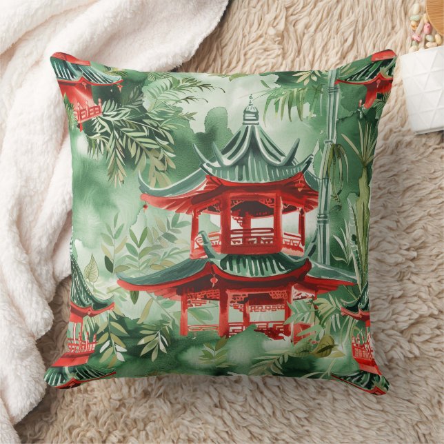 Coussin Aquarelle Pagode asiatique dans paysage verdoyant  (Couverture)