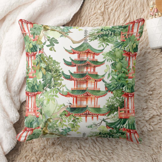 Coussin Aquarelle Pagode asiatique dans paysage verdoyant  (Couverture)