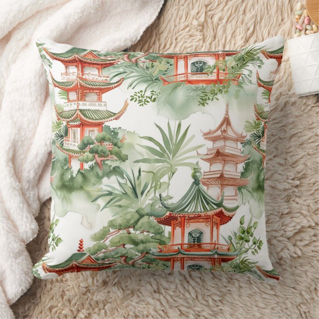 Coussin Aquarelle Pagode asiatique dans paysage verdoyant  (Couverture)