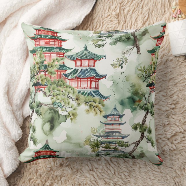 Coussin Aquarelle Pagode asiatique dans paysage verdoyant  (Couverture)