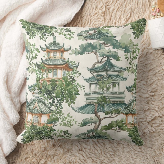 Coussin Aquarelle Pagode asiatique dans paysage verdoyant  (Couverture)