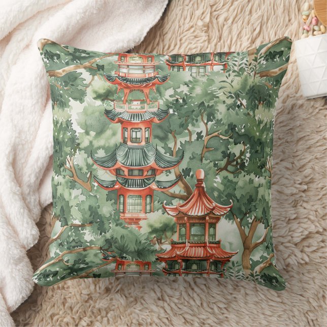 Coussin Aquarelle Pagode asiatique dans paysage verdoyant  (Couverture)