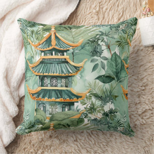 Coussin Aquarelle Pagode asiatique dans paysage verdoyant 