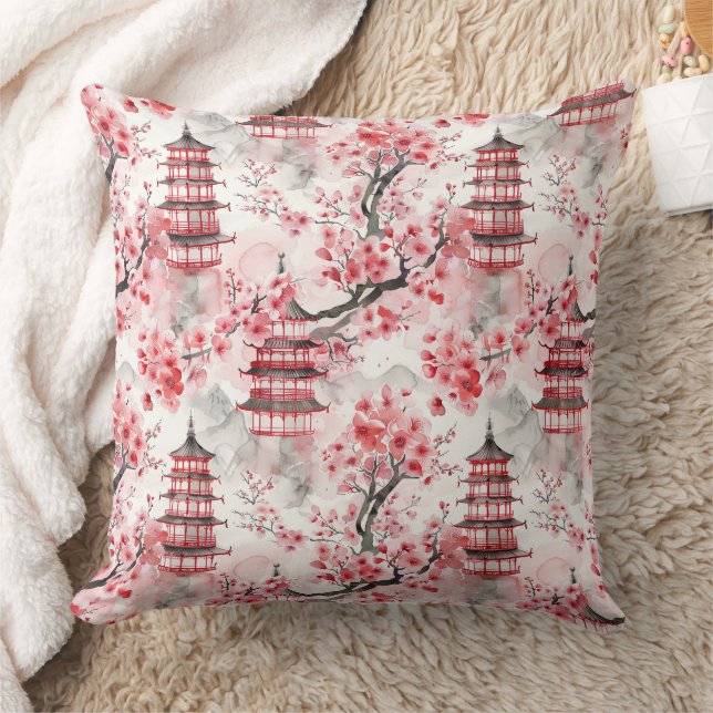 Coussin Aquarelle Pagode chinoise aux fleurs de cerisiers  (Couverture)