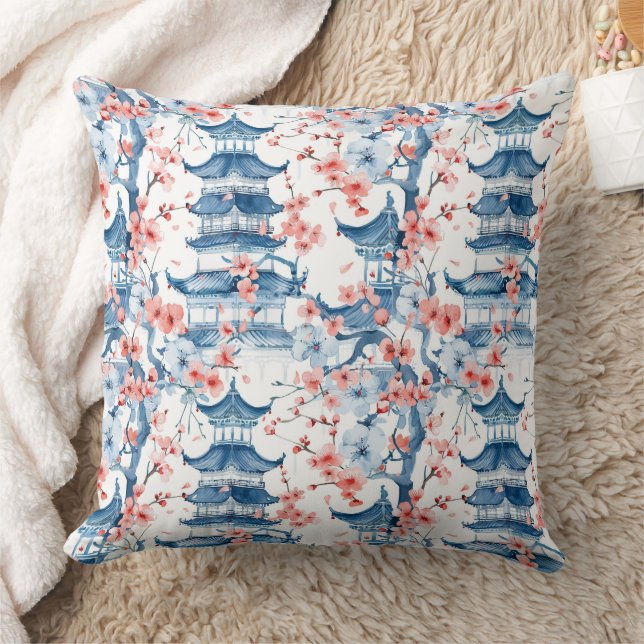 Coussin Aquarelle Pagode chinoise avec fleurs de cerisiers (Couverture)