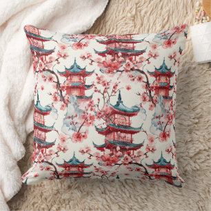 Coussin Aquarelle Pagode chinoise avec fleurs de cerisiers