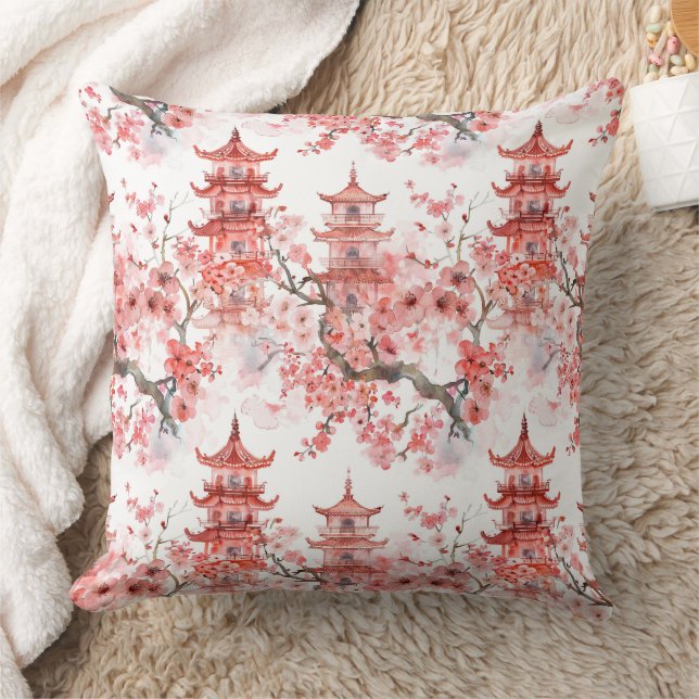 Coussin Aquarelle Pagode chinoise avec fleurs de cerisiers (Couverture)