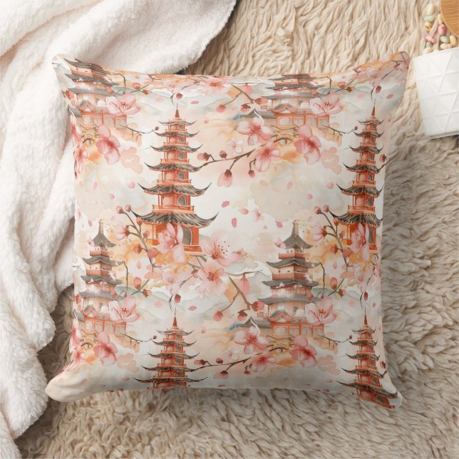 Coussin Aquarelle Pagode chinoise avec fleurs de cerisiers (Couverture)