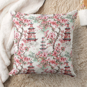 Coussin Aquarelle Pagode chinoise - Fleurs de cerisiers (1