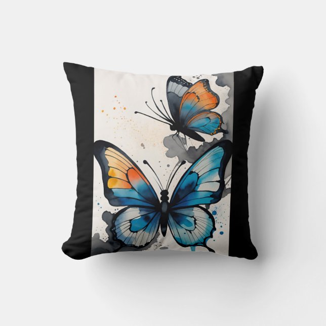 Coussin Aquarelle papillon bleu/noir/orange/turquoise/crèm (Recto)