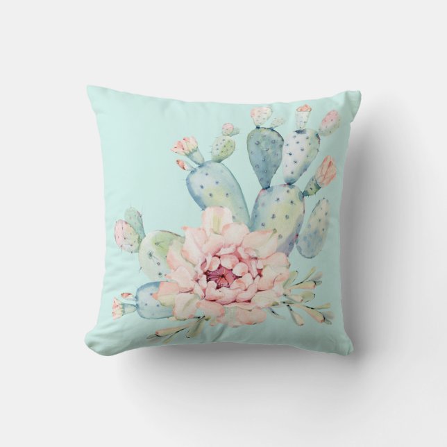 Coussin Aquarelle Pastel Cactus et Fleur rose (Recto)