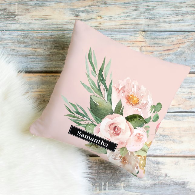 Coussin Aquarelle Pastel Pink moderne Fleurs & Nom (Créateur téléchargé)
