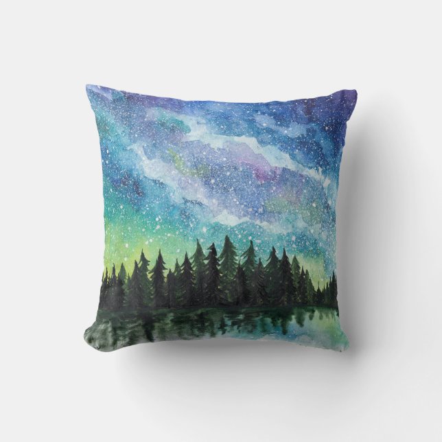Coussin Aquarelle paysage nocturne, Voie Lactée (Recto)