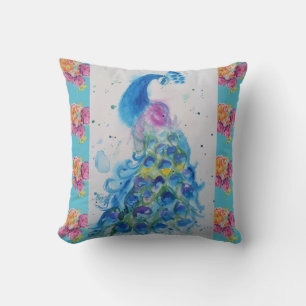 Coussin Aquarelle Peacock Blue Bird Aqua Rose Cushion