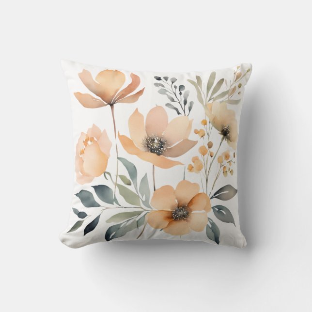 Coussin Aquarelle Pêche Fleurs Jaunes Botaniques Florales (Recto)