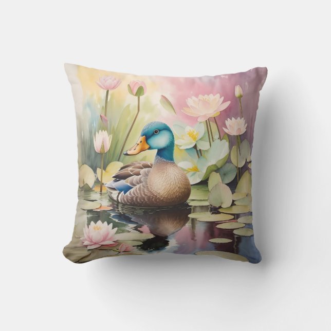 Coussin Aquarelle Peinture canard sur un étang (Recto)