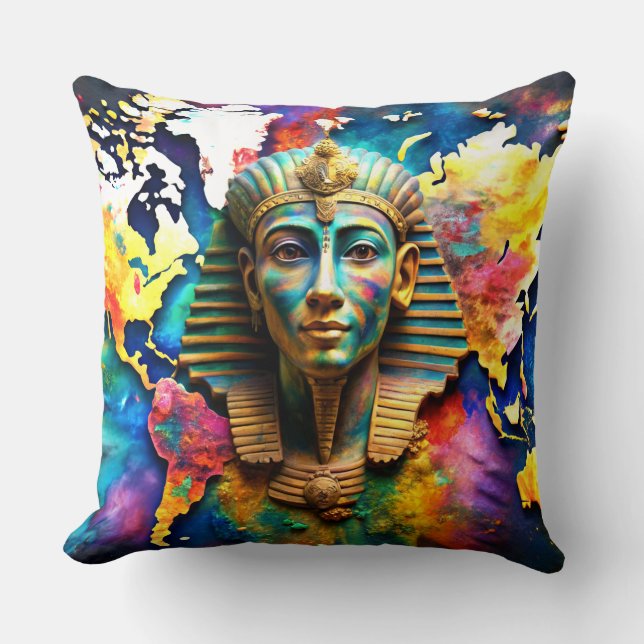 Coussin Aquarelle Peinture & Pharoah Carte du monde Jeter  (Recto)