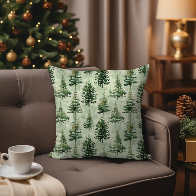 Coussin Aquarelle Pine Arbres À feuillage persistant Noël  (Watercolor Evergreen Pine Trees Rustic Christmas Throw Pillow)