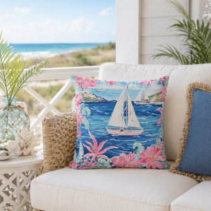 Coussin Aquarelle Pink Tropical Voilier Côté extérieur