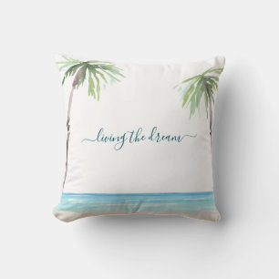 Coussin Aquarelle Plage Palm Vivre le rêve Monogramme