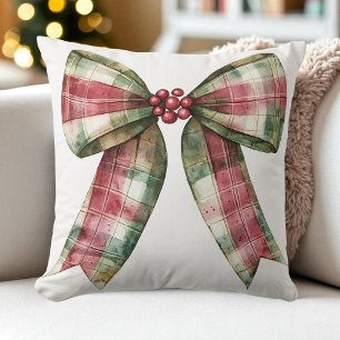 Coussin Aquarelle Plaid Noël Bow Rouge Vert Russe