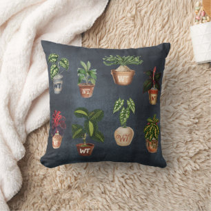 Coussin Aquarelle Pointée Plante Rustique Monogramme Noir