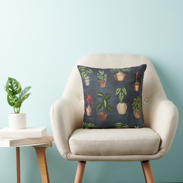 Coussin Aquarelle Pointée Plante Rustique Motif Noir (Chaise)