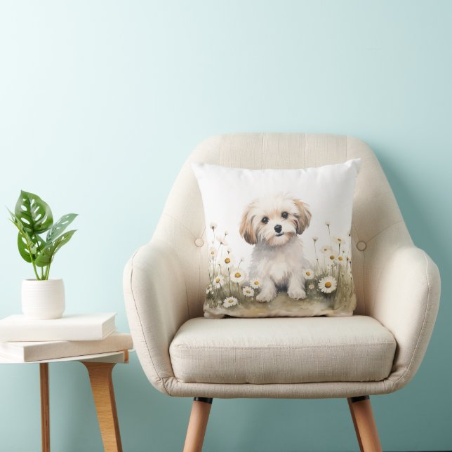 Coussin Aquarelle Poodle Chien Dans Les Marguerites (Chaise)