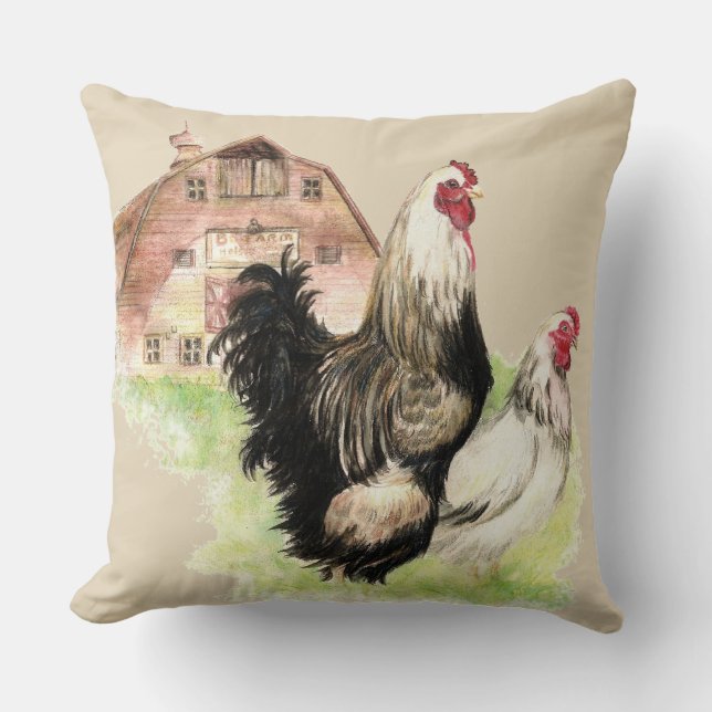Coussin Aquarelle Poulets Hen et coq Oiseaux de ferme (Recto)