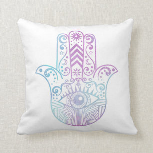 Coussin Aquarelle pourpre et bleue de main de Hamsa