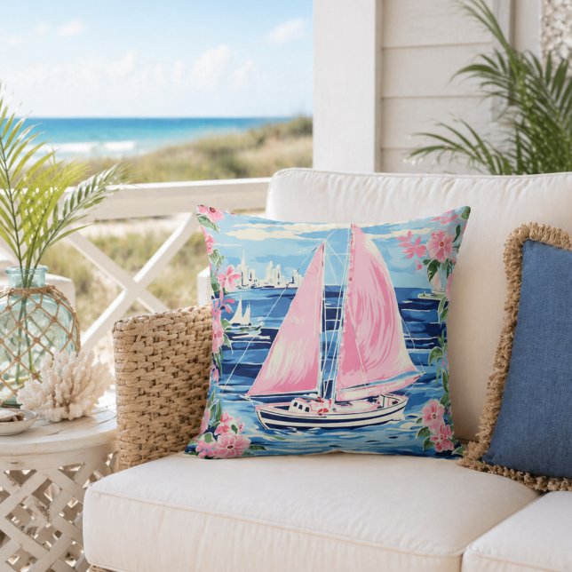 Coussin Aquarelle Préparation Rose Voilier Bleu Côtier (Créateur téléchargé)