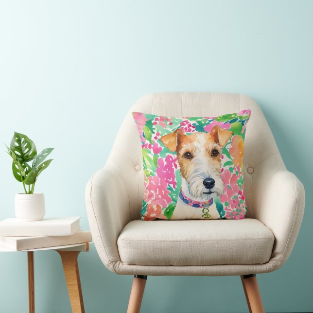 Coussin Aquarelle Preppy Palm Beach Fox Terrier Chien (Chaise)