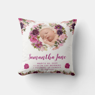 Coussin Aquarelle Purple & Fleurs Roses Photo bébé