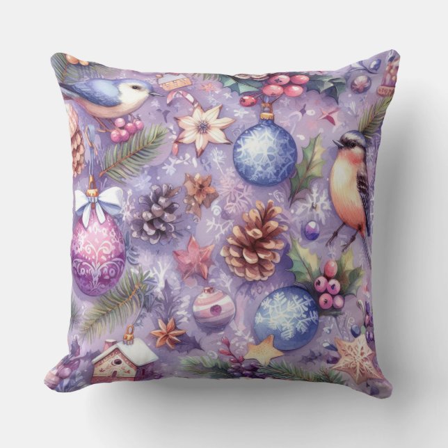 Coussin Aquarelle Purple Motifs de Noël Fêtes Oiseaux (Recto)