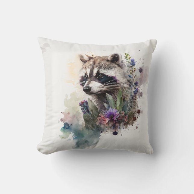 Coussin Aquarelle Raton laveur mignon Fleurs de printemps  (Recto)