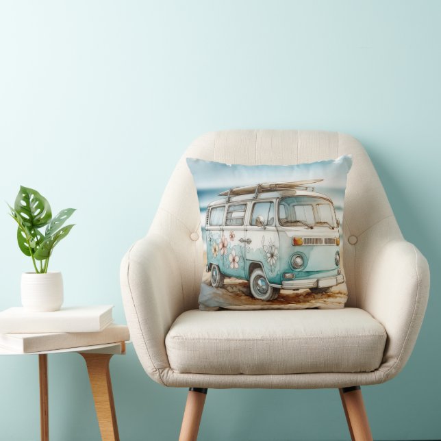 Coussin Aquarelle Retro Campervan Avec Surf (Chaise)