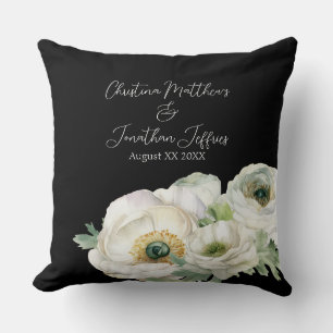 Coussin Aquarelle romantique Ranunculus blanc sur noir