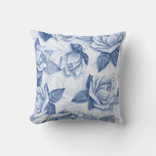 Coussin Aquarelle Rose Bleue - Décoration Florale Élégante