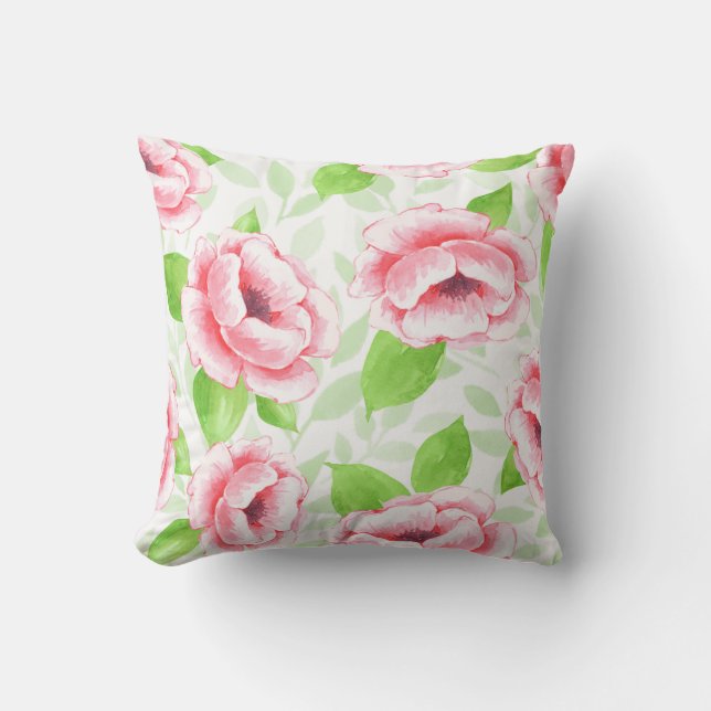 Coussin Aquarelle Rose Corail - Floral Romantique (Recto)
