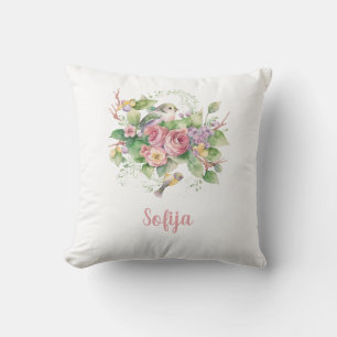 Coussin Aquarelle Rose de fleurs d'oiseaux