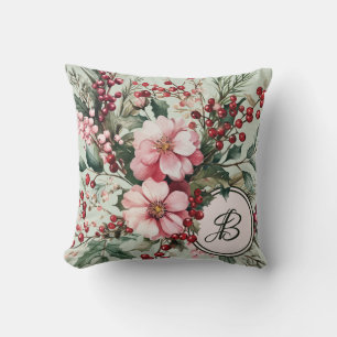 Coussin Aquarelle rose de Noël Monogramme floral