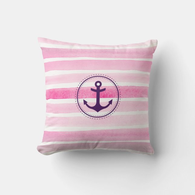 Coussin Aquarelle rose et blanc Ancre nautique (Recto)