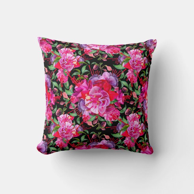 Coussin Aquarelle rose et noire Fuchsia Blooms (Recto)