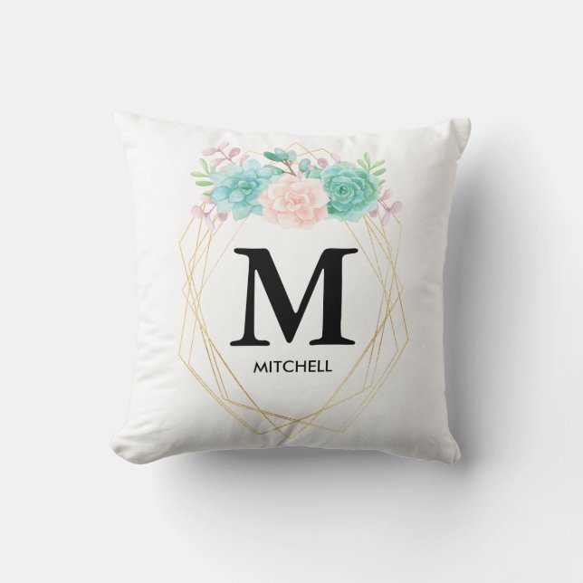Coussin Aquarelle rose et vert moderne Succulents Monogram (Recto)
