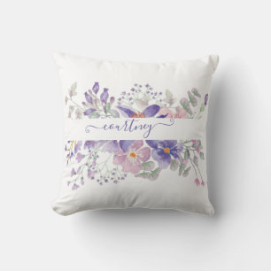 Coussin Aquarelle rose et violet florale personnalisée
